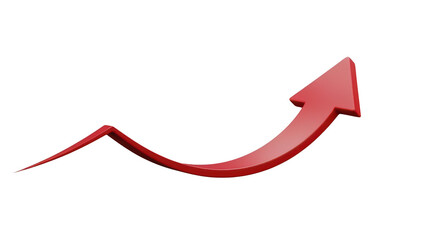 Upward trend arrow on transparent background, glossy red curved growth line illustration, rising chart symbol for business increase, analytics, finance, success concept
