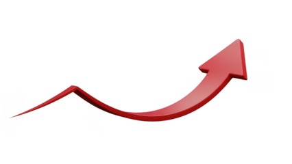 Upward trend arrow on transparent background, glossy red curved growth line illustration, rising chart symbol for business increase, analytics, finance, success concept
