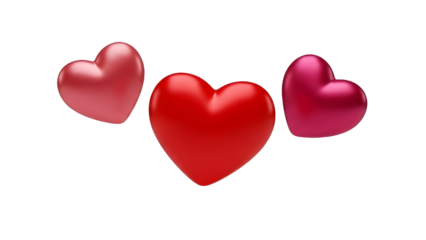 Three glossy red and pink 3D hearts symbolizing love, romance, and healthcare concepts isolated PNG with Transparent Background