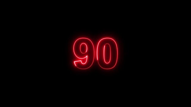 Neon Number 90 Glowing Digits on Black Background, Futuristic Neon Light Numeric Symbol for Countdown, Score, Achievement and Digital Interface Design