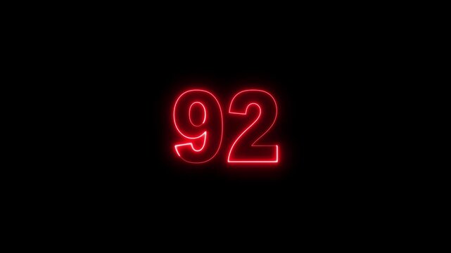 Neon Number 92 Glowing Digits on Black Background, Futuristic Neon Light Numeric Symbol for Countdown, Score, Achievement and Digital Interface Design