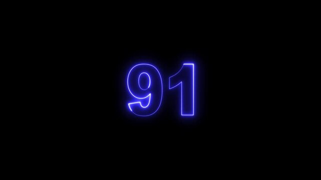 Neon Number 91 Glowing Digits on Black Background, Futuristic Neon Light Numeric Symbol for Countdown, Score, Achievement and Digital Interface Design