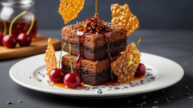 Decadent chocolate brownie stack drizzled with caramel sauce, garnished with fresh cherries and crispy honeycomb tuiles on a white plate