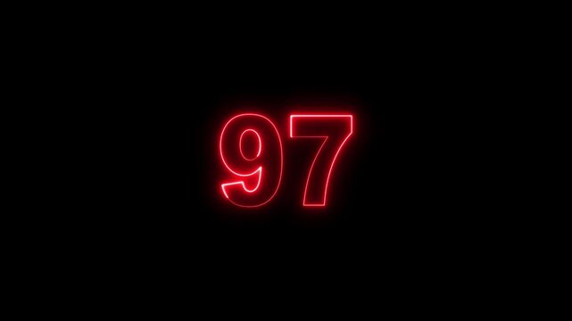 Neon Number 97 Glowing Digits on Black Background, Futuristic Neon Light Numeric Symbol for Countdown, Score, Achievement and Digital Interface Design