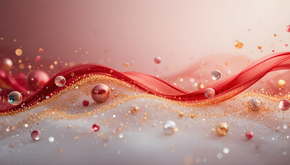 Abstract Festive Background with Red Silk Waves Gold Glitter and Elegant Pearls on Soft White Surface,  happy Chinese new year , Korean decoration Red	