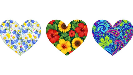 Three colorful heart shapes with diverse floral and psychedelic paisley patterns collection isolated PNG with Transparent Background