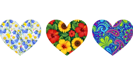 Three colorful heart shapes with diverse floral and psychedelic paisley patterns collection isolated PNG with Transparent Background
