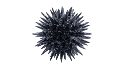 Virus or bacteria microorganism made of dark gray chrome material with sharp spikes on a transparent background