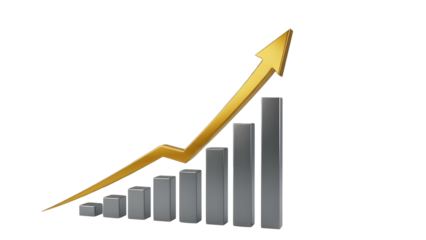 Business success graph with rising gold arrow demonstrating financial growth and profit. isolated PNG with Transparent Background