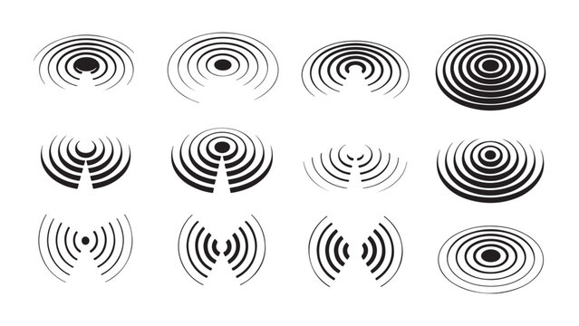 Set of concentric radar and sonar waves illustrating wireless wifi connection signals and radio communication technology symbols for digital network interfaces.