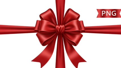 Luxurious red silk ribbon bow and wrapping for Christmas gift box design decoration isolated PNG with Transparent Background