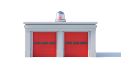 Minimalist fire station building facade with red garage doors and emergency siren light 3D render isolated PNG with Transparent Background