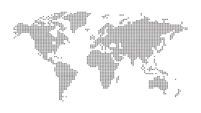 Abstract digital world map illustration created with square pixel grid patterns representing global internet communication, international data networks, and technology connection concepts.