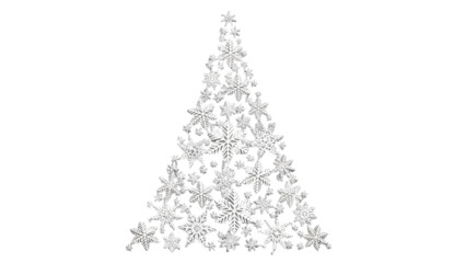 Modern holiday Christmas tree shape design constructed from sparkling white snowflakes isolated PNG with Transparent Background