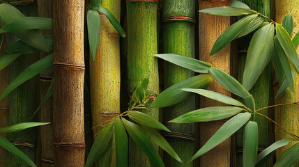 A close-up shot of green bamboo stalks with leaves, showcasing the beauty of nature