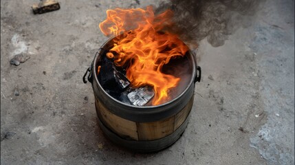 Black metal barrel stove with bright fire and glowing charcoal, rising smoke and strong flame creating heat and warmth, close-up burning furnace on gray cement floor in a simple rustic setting