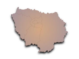 3d Ile-de-France map, departments and prefectures of the Paris Region. Ile de france region administrative map.