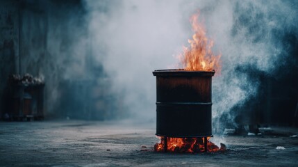 Black metal barrel stove with bright fire and glowing charcoal, rising smoke and strong flame creating heat and warmth, close-up burning furnace on gray cement floor in a simple rustic setting