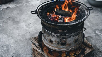 Black metal barrel stove with bright fire and glowing charcoal, rising smoke and strong flame creating heat and warmth, close-up burning furnace on gray cement floor in a simple rustic setting