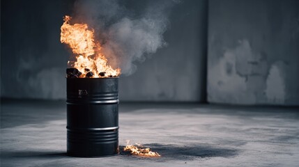 Black metal barrel stove with bright fire and glowing charcoal, rising smoke and strong flame creating heat and warmth, close-up burning furnace on gray cement floor in a simple rustic setting