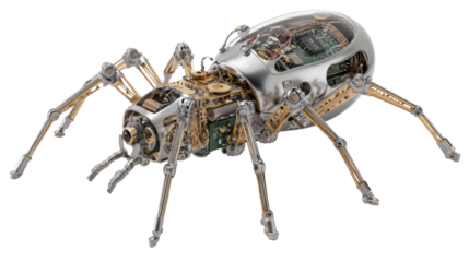 Futuristic steampunk spider robot with metal body, gears, circuits, and clear dome showing advanced artificial intelligence technology
