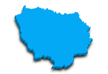 3d Ile-de-France map, departments and prefectures of the Paris Region. Ile de france region administrative map.