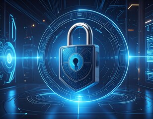 Digital padlock glows within a secure, futuristic network environment
