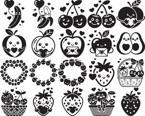 Cute black and white fruit characters celebrating love and romance with hearts and balloons
