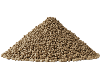 massive conical pile of rough, dark tan hardwood fuel wood pellets, hyper-detailed, isolated on transparent studio background with copy space, low angle, concept for natural energy resource
