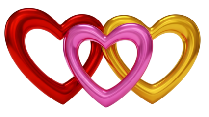 Red, Pink, and Gold Metallic Interlocking Hearts Symbolizing Love, Unity, and Partnership. isolated PNG with Transparent Background