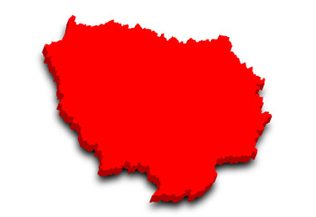3d Ile-de-France map, departments and prefectures of the Paris Region. Ile de france region administrative map.