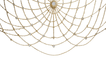 Golden spiderweb design featuring intricate chains and sparkling diamonds, creating a luxurious jewelry pattern on transparent background