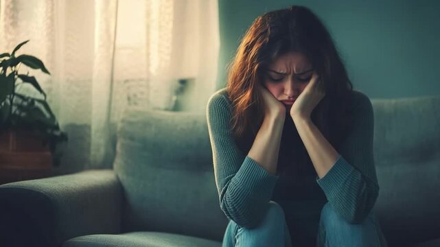 A woman sitting alone on a couch. She appears deep in thought and contemplation. Emotions are expressed through her body language and facial expressions. Generative AI