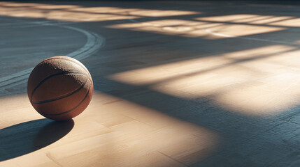 A basketball on court with striking shadows and highlights, capturing the game's essence. The warm light creates an engaging atmosphere