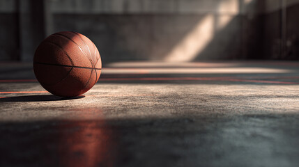 A solitary basketball resting on the court, bathed in dramatic light, showcasing the texture and detail of the ball