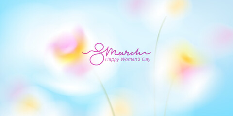 Spring floral background. Blurred gradient ethereal flowers. Blue sky, white, yellow, pink macro flowers. 8 March greeting card. Spring blooming field. Horizontal natural landscape.