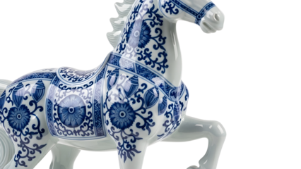 Decorative ceramic horse statue with blue and white porcelain floral pattern artwork isolated PNG with Transparent Background