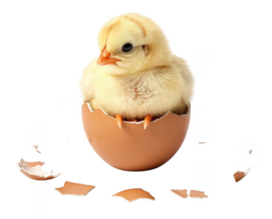 Baby chick in cracked eggshell on transparent background, fluffy yellow newborn chicken, broken egg shell pieces, cute easter spring symbol for greeting card, sticker, nursery design
