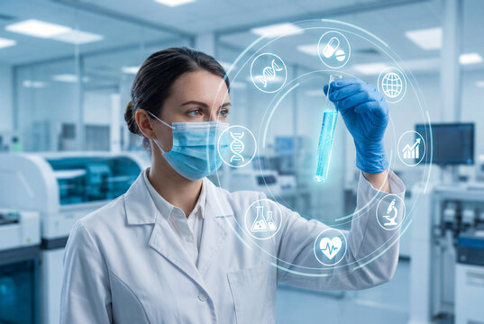 Female scientist in medical laboratory wearing face mask, analyzing test tube with futuristic digital interface, biotechnology research, healthcare innovation, clinical science and modern diagnostics. - Powered by Adobe