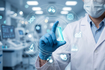 Scientist holding a vial with blue liquid surrounded by circular medical icons in a modern lab. Concept of vaccine research, pharmaceutical development, and innovative biotechnology discovery.