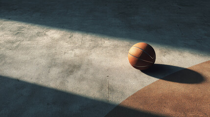 Basketball on the court under sunlight creating shadow