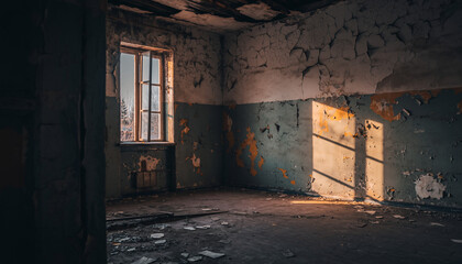 Sunlit Abandoned Room with Peeling Walls and Debris.