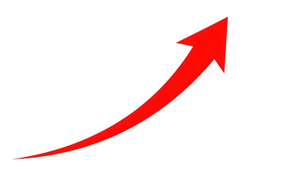 Red upward curved arrow icon on transparent background, smooth swoosh shape, solid bright red color, minimal vector-style illustration for growth, direction and progress
