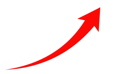 Red upward curved arrow icon on transparent background, smooth swoosh shape, solid bright red color, minimal vector-style illustration for growth, direction and progress
