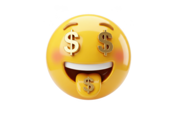 3D glossy money face emoji on transparent background, yellow smiley with dollar sign eyes and dollar tongue, finance humor reaction icon for social media, app UI, sticker design
