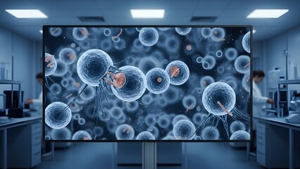 Large Monitor Displaying Microscopic Cells in a Science Laboratory