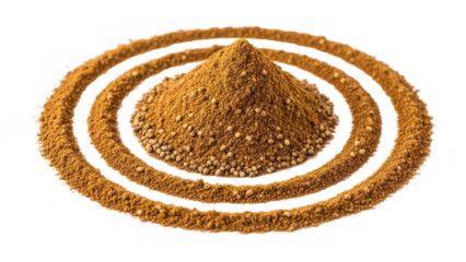 Coriander powder and seeds arranged in concentric circles isolated on transparent background