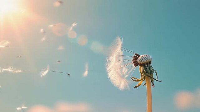 Commercial-style macro video of a delicate dandelion head being blown away by soft morning 