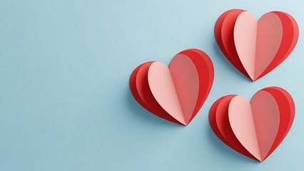 Three charming red paper hearts symbolizing love and affection on a soft blue background