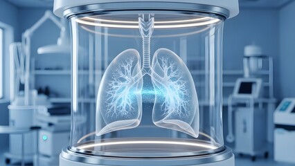 Human Lungs 3D Render in Glass Capsule with Blue Light in Medical Lab